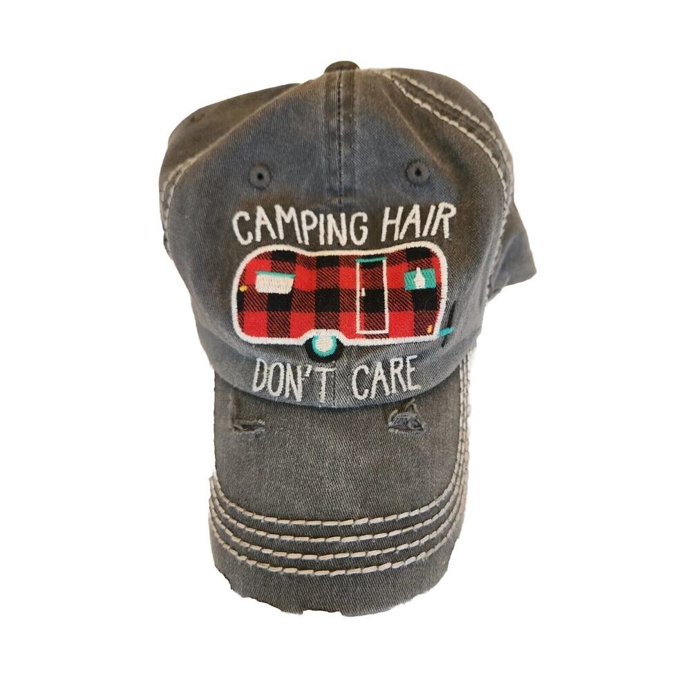 Camping Hair Don't Care Hat Distressed KBethos vintage Buffalo Plaid rv